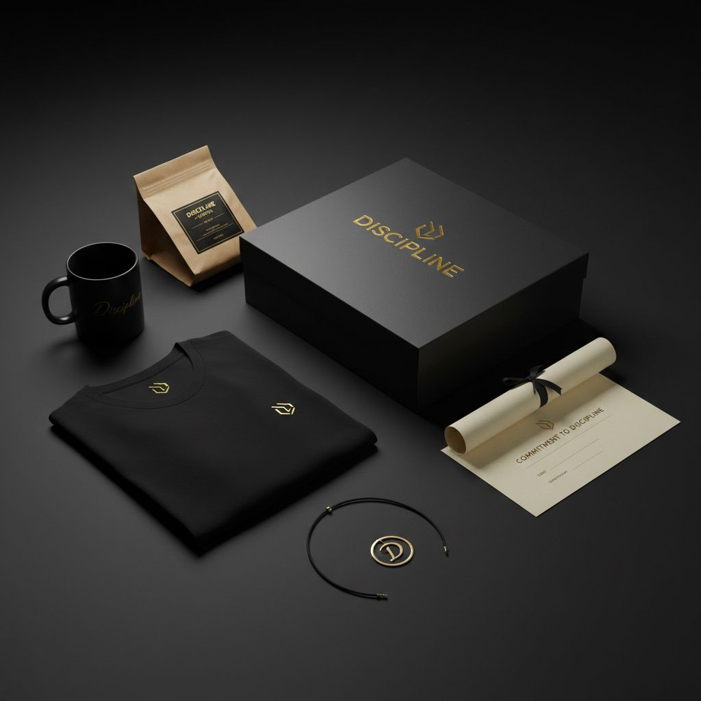 Caixa da Disciplina — kit físico com camiseta, caneca, café, pingente e certificado em embalagem preta com logo dourada